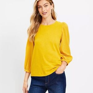 LOFT Mustard Yellow Tie Back Blouse Size M NWT Puff Sleeve Cotton Top